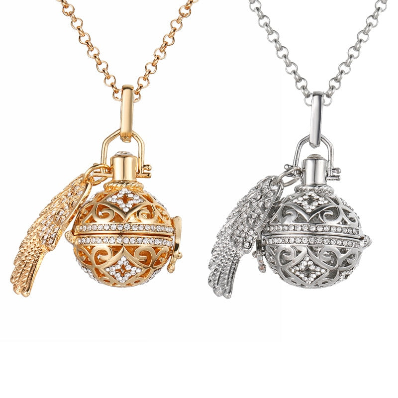 Exquisite Zircon Necklace with Angel Wings Aromatherapy Cage Pendant - Full Surround, High Quality, 16MM Music Ball, Perfume Lockets Jewelry for Women