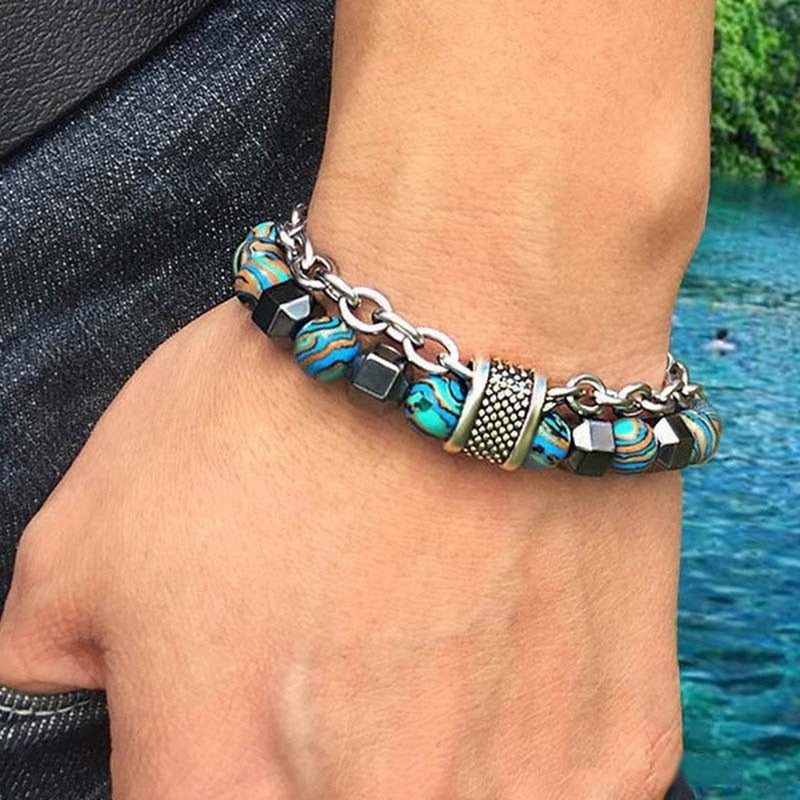 Men's Stainless Steel Beaded Bracelet Set with Biomagnetic Stones