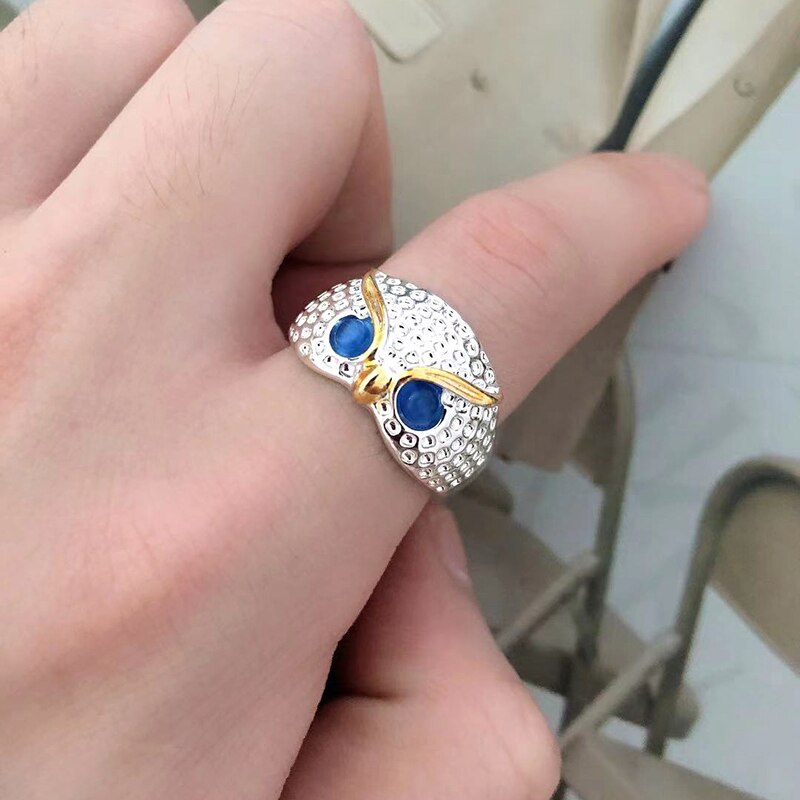 Cute Rhinestone Owl Blue Eyes Ring Adjustable