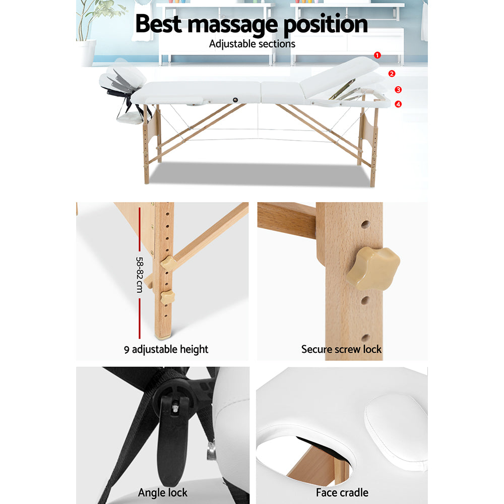 Zenses 3 Fold Portable Wood Massage Table - White