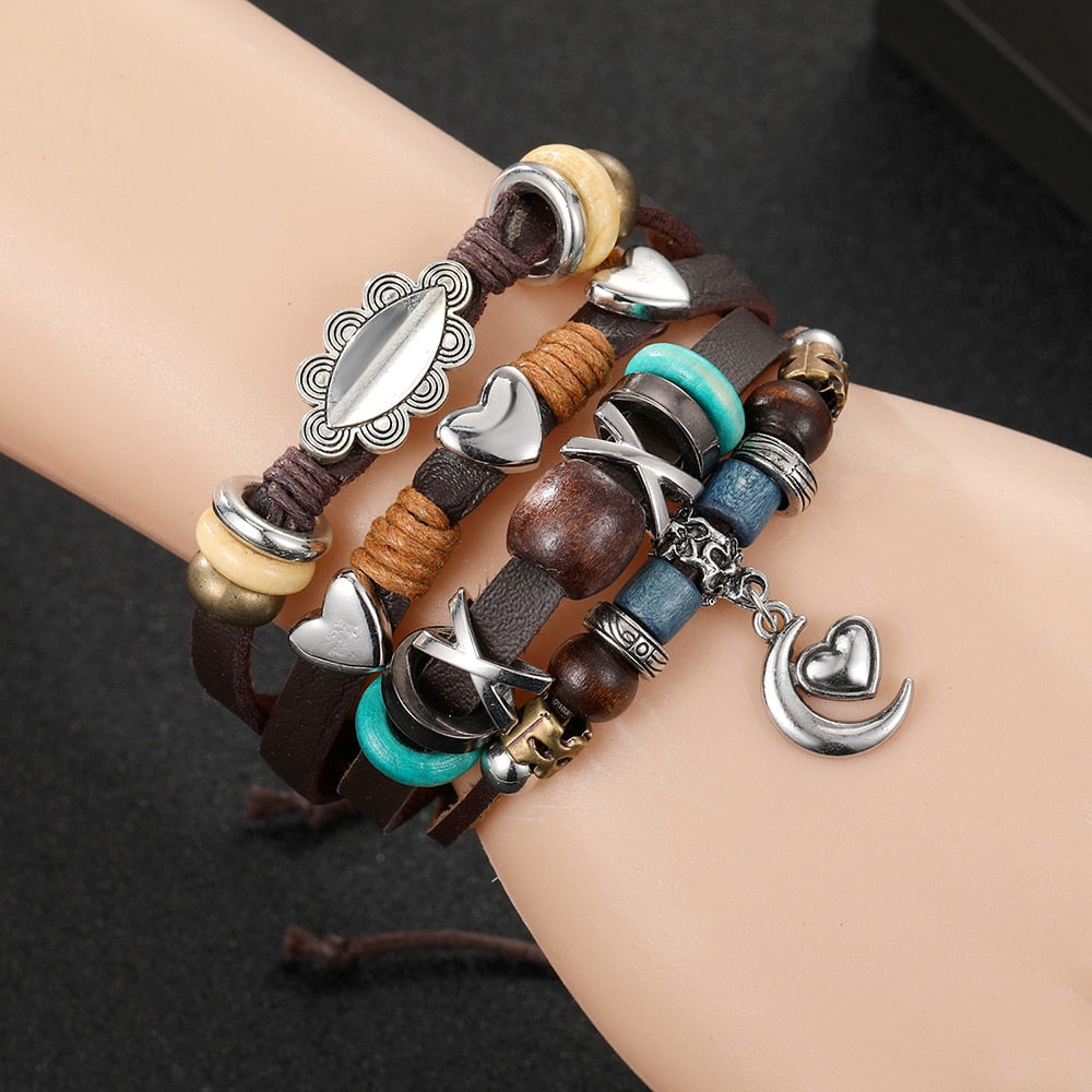 Vinatge Gothic Punk Moon Star Metal Multilayer Leather Bracelet Men Leaf Bracelets &amp; Bangles Male Arm Sun Jewelry Wholesale