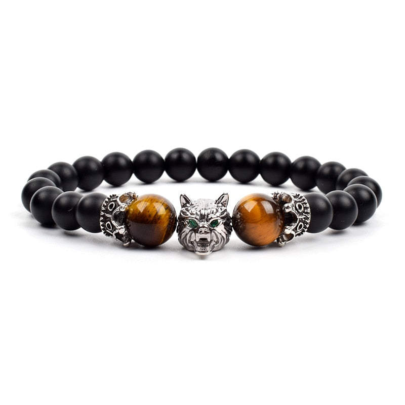 Wolf Charm Bracelets Men Natural Black Agates Onyx Stone Bracelet Brave Blue Tiger Eye Elastic 8 mm Beads Jewelry Beaded Pulsera