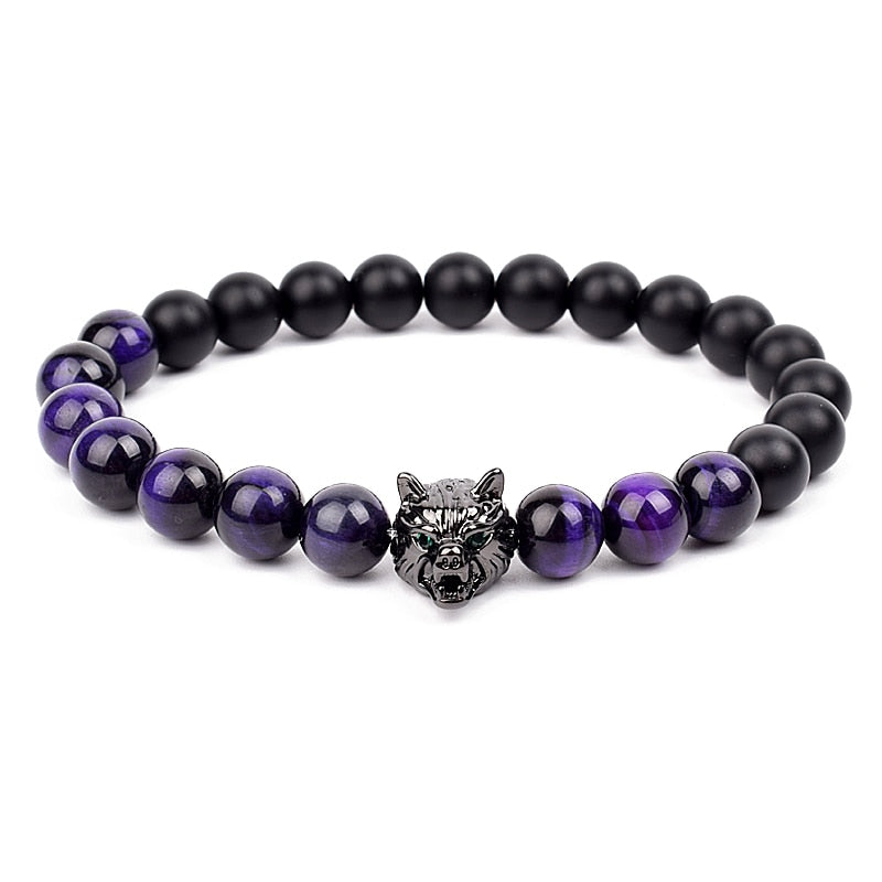 Wolf Charm Bracelets Men Natural Black Agates Onyx Stone Bracelet Brave Blue Tiger Eye Elastic 8 mm Beads Jewelry Beaded Pulsera