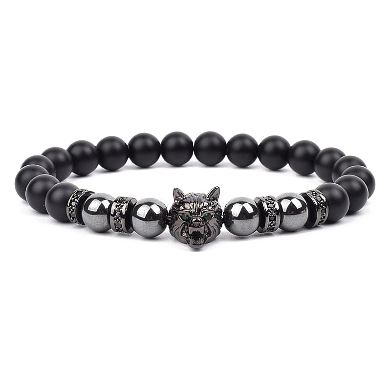 Wolf Charm Bracelets Men Natural Black Agates Onyx Stone Bracelet Brave Blue Tiger Eye Elastic 8 mm Beads Jewelry Beaded Pulsera