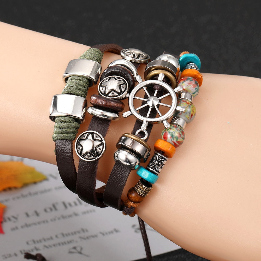 Vinatge Gothic Punk Moon Star Metal Multilayer Leather Bracelet Men Leaf Bracelets &amp; Bangles Male Arm Sun Jewelry Wholesale