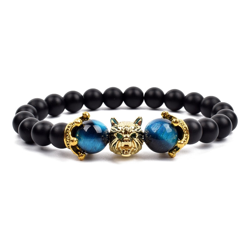 Wolf Charm Bracelets Men Natural Black Agates Onyx Stone Bracelet Brave Blue Tiger Eye Elastic 8 mm Beads Jewelry Beaded Pulsera