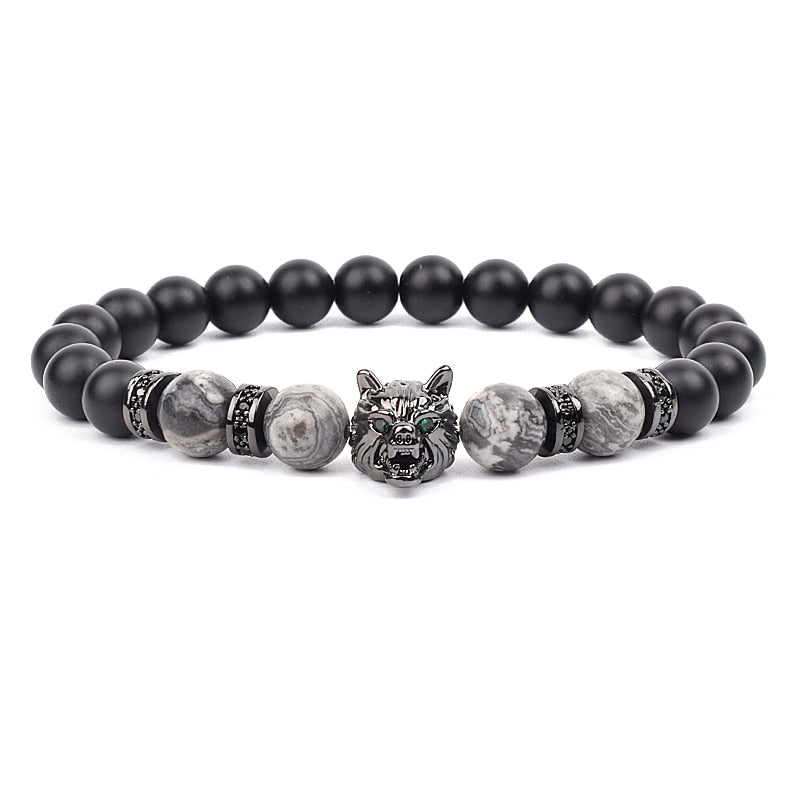 Wolf Charm Bracelets Men Natural Black Agates Onyx Stone Bracelet Brave Blue Tiger Eye Elastic 8 mm Beads Jewelry Beaded Pulsera