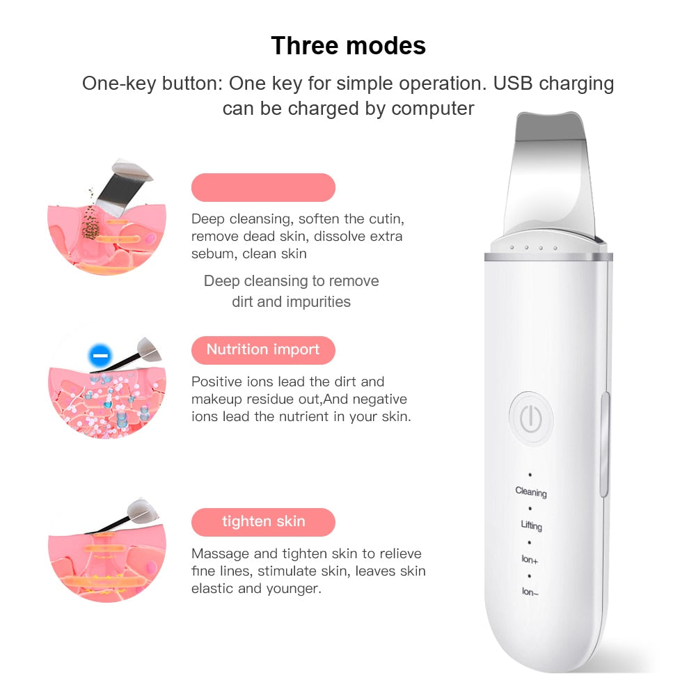 Ultrasonic Skin Scrubber with Vibration for Face, Blackhead Removal, Shovel Cleaning, Cavitation Peeling, Facial Lifting, and Skin Care