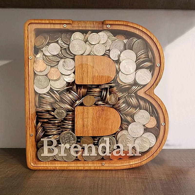 Wooden Coin Money Saving Box, Twenty-six Letter Piggy Bank, Desktop Ornament, Home Decor Crafts, Coins Storage Box.