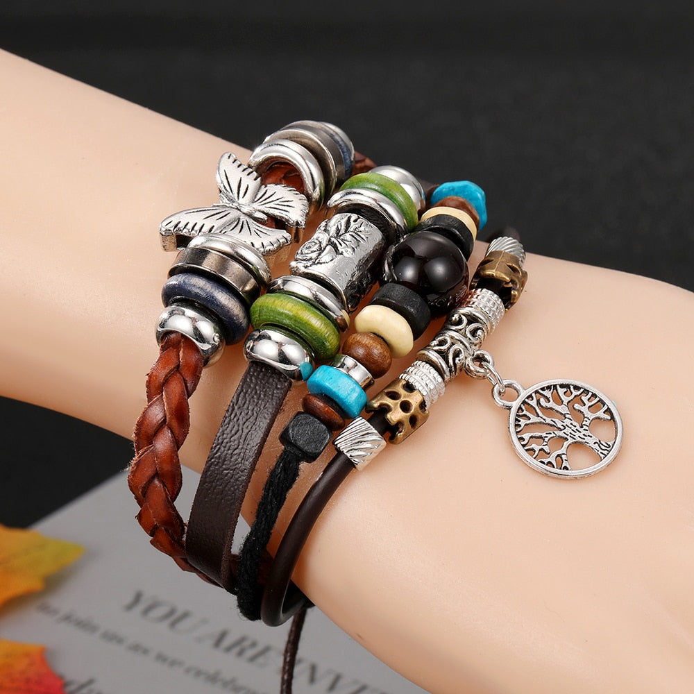 Vinatge Gothic Punk Moon Star Metal Multilayer Leather Bracelet Men Leaf Bracelets &amp; Bangles Male Arm Sun Jewelry Wholesale