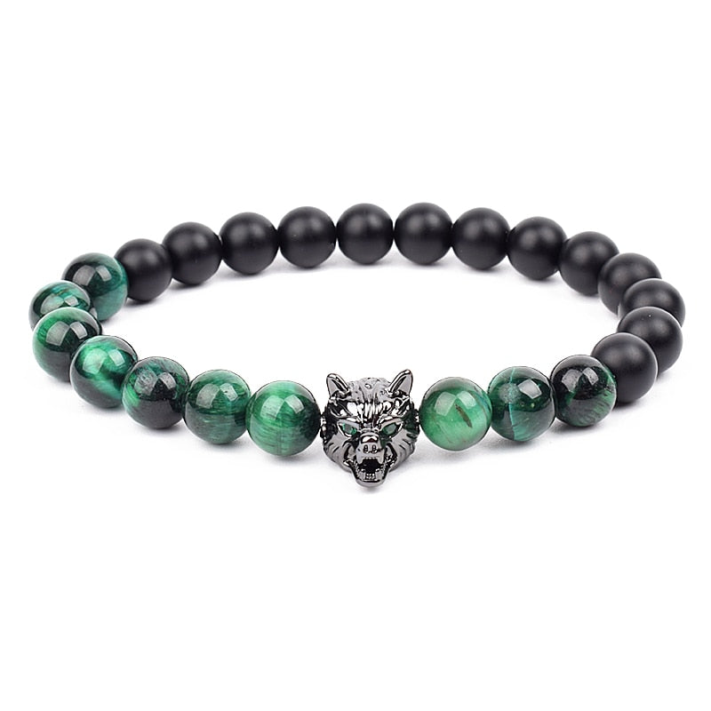 Wolf Charm Bracelets Men Natural Black Agates Onyx Stone Bracelet Brave Blue Tiger Eye Elastic 8 mm Beads Jewelry Beaded Pulsera