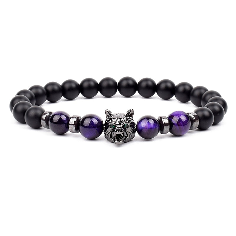 Wolf Charm Bracelets Men Natural Black Agates Onyx Stone Bracelet Brave Blue Tiger Eye Elastic 8 mm Beads Jewelry Beaded Pulsera