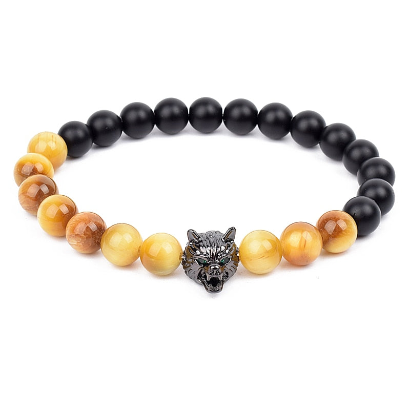 Wolf Charm Bracelets Men Natural Black Agates Onyx Stone Bracelet Brave Blue Tiger Eye Elastic 8 mm Beads Jewelry Beaded Pulsera