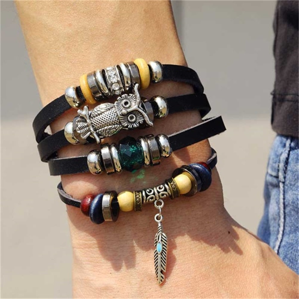 Vinatge Gothic Punk Moon Star Metal Multilayer Leather Bracelet Men Leaf Bracelets &amp; Bangles Male Arm Sun Jewelry Wholesale