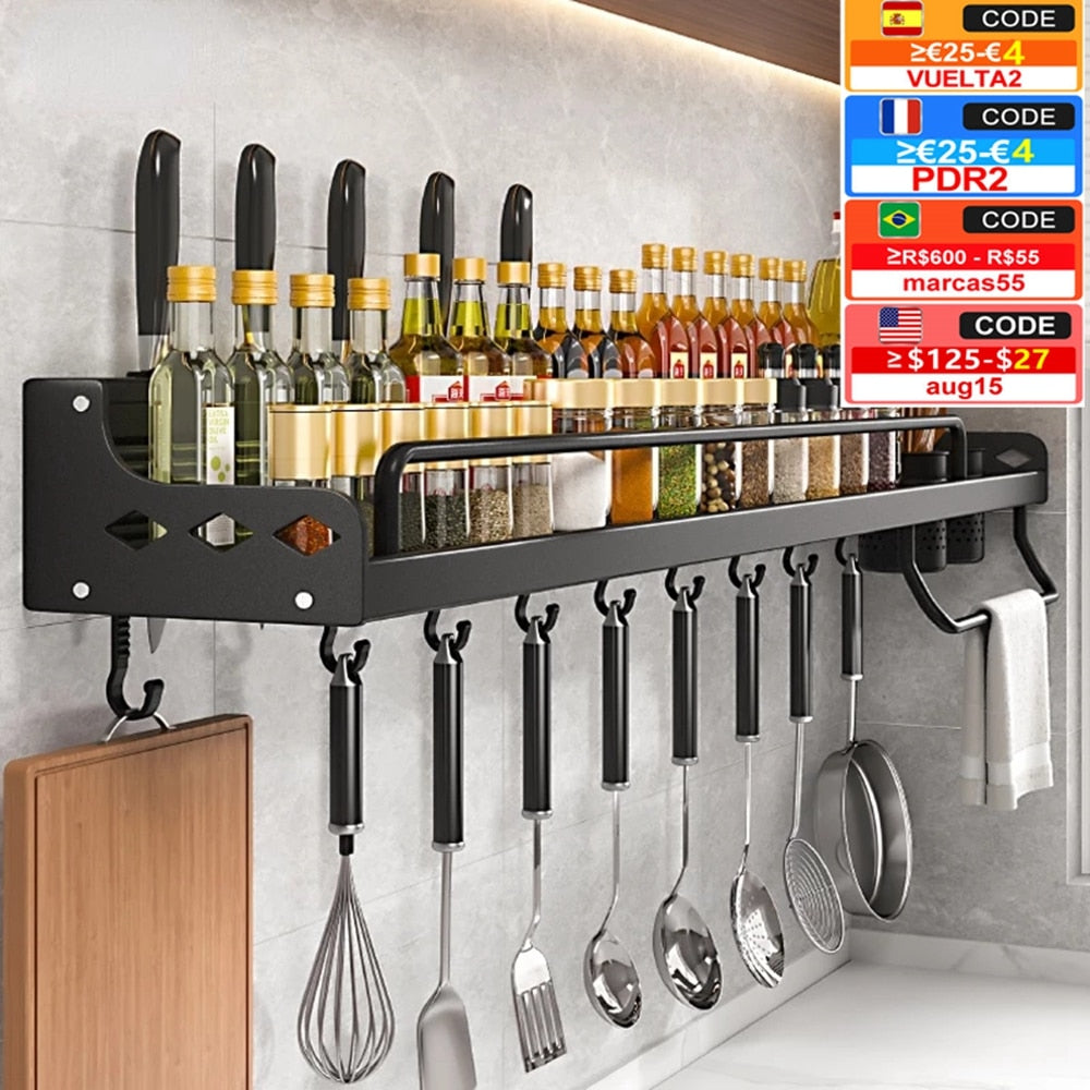 Multifunctional Aluminum Wall-Mounted Kitchen Spice Rack and Utensil Organizer