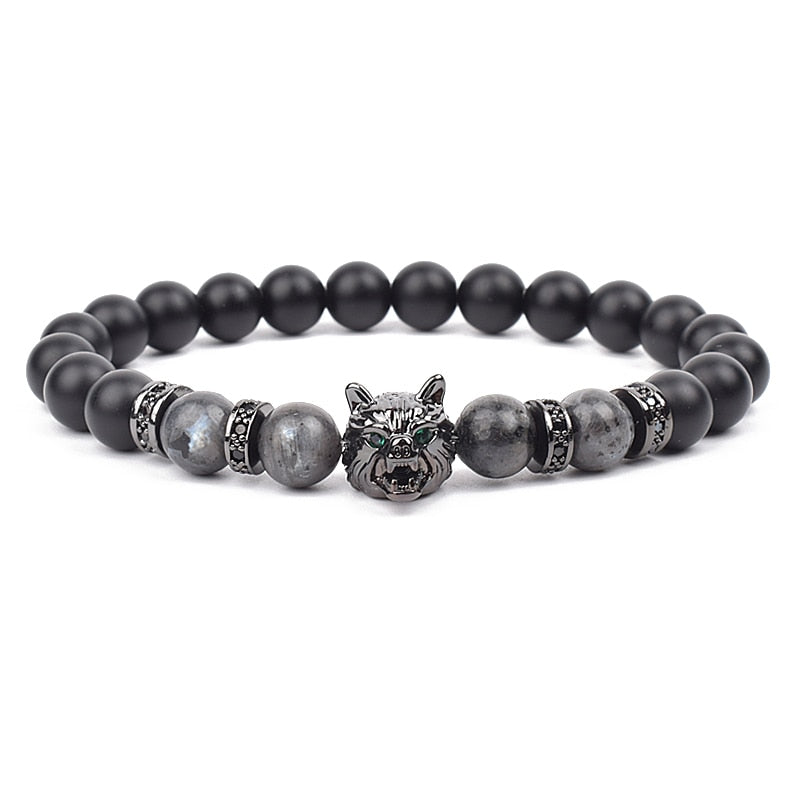 Wolf Charm Bracelets Men Natural Black Agates Onyx Stone Bracelet Brave Blue Tiger Eye Elastic 8 mm Beads Jewelry Beaded Pulsera