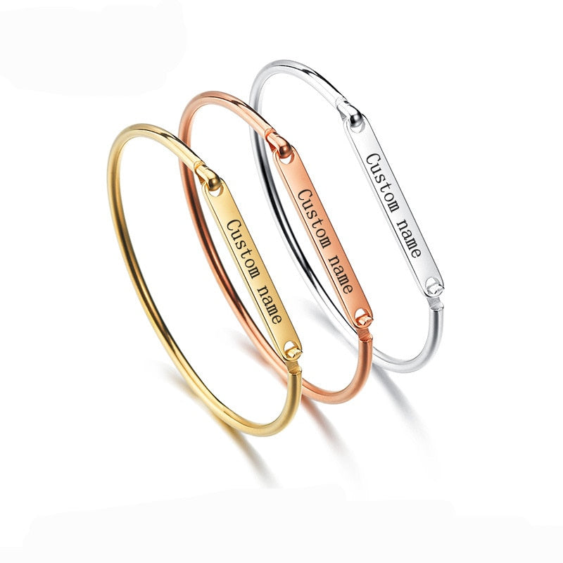 Personalized Engraved Name Date Cuff Bracelet: Stainless Steel Customized Bangles for Women