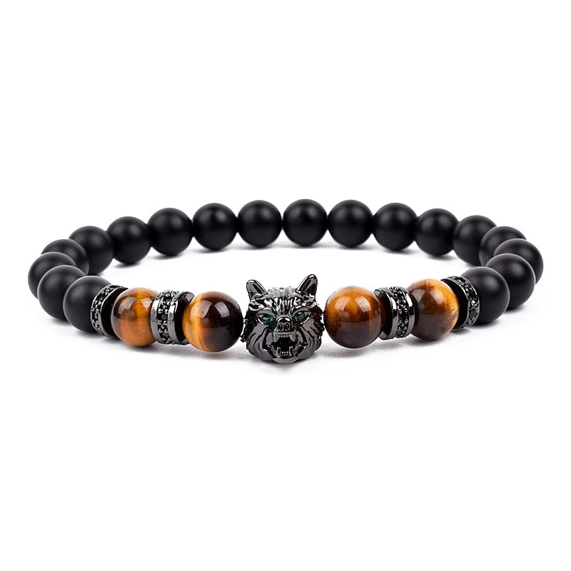 Wolf Charm Bracelets Men Natural Black Agates Onyx Stone Bracelet Brave Blue Tiger Eye Elastic 8 mm Beads Jewelry Beaded Pulsera