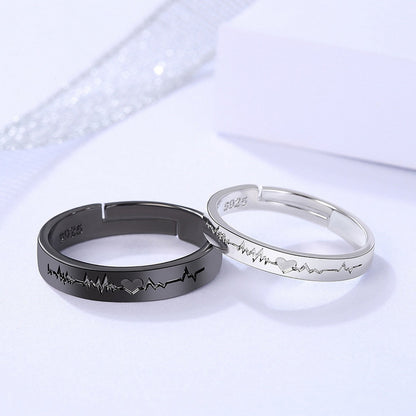 Forever Love Promise Rings Set for Couples - Punk Style Heartbeat ECG Design in Black and White - Ideal Wedding or Valentine's Day Gift for Men and Women