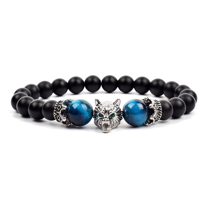 Wolf Charm Bracelets Men Natural Black Agates Onyx Stone Bracelet Brave Blue Tiger Eye Elastic 8 mm Beads Jewelry Beaded Pulsera