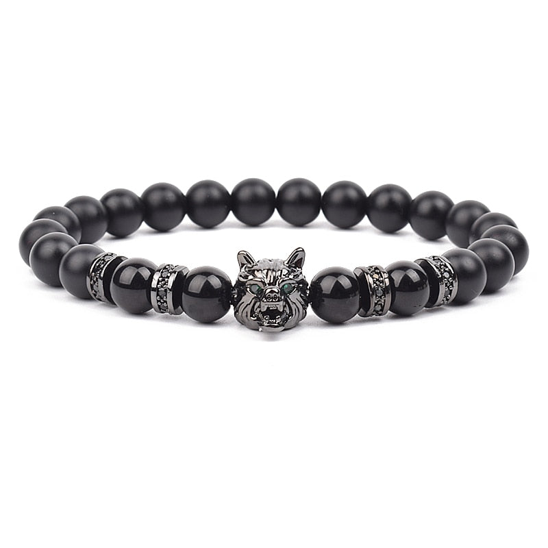 Wolf Charm Bracelets Men Natural Black Agates Onyx Stone Bracelet Brave Blue Tiger Eye Elastic 8 mm Beads Jewelry Beaded Pulsera