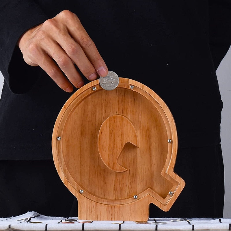 Wooden Coin Money Saving Box, Twenty-six Letter Piggy Bank, Desktop Ornament, Home Decor Crafts, Coins Storage Box.