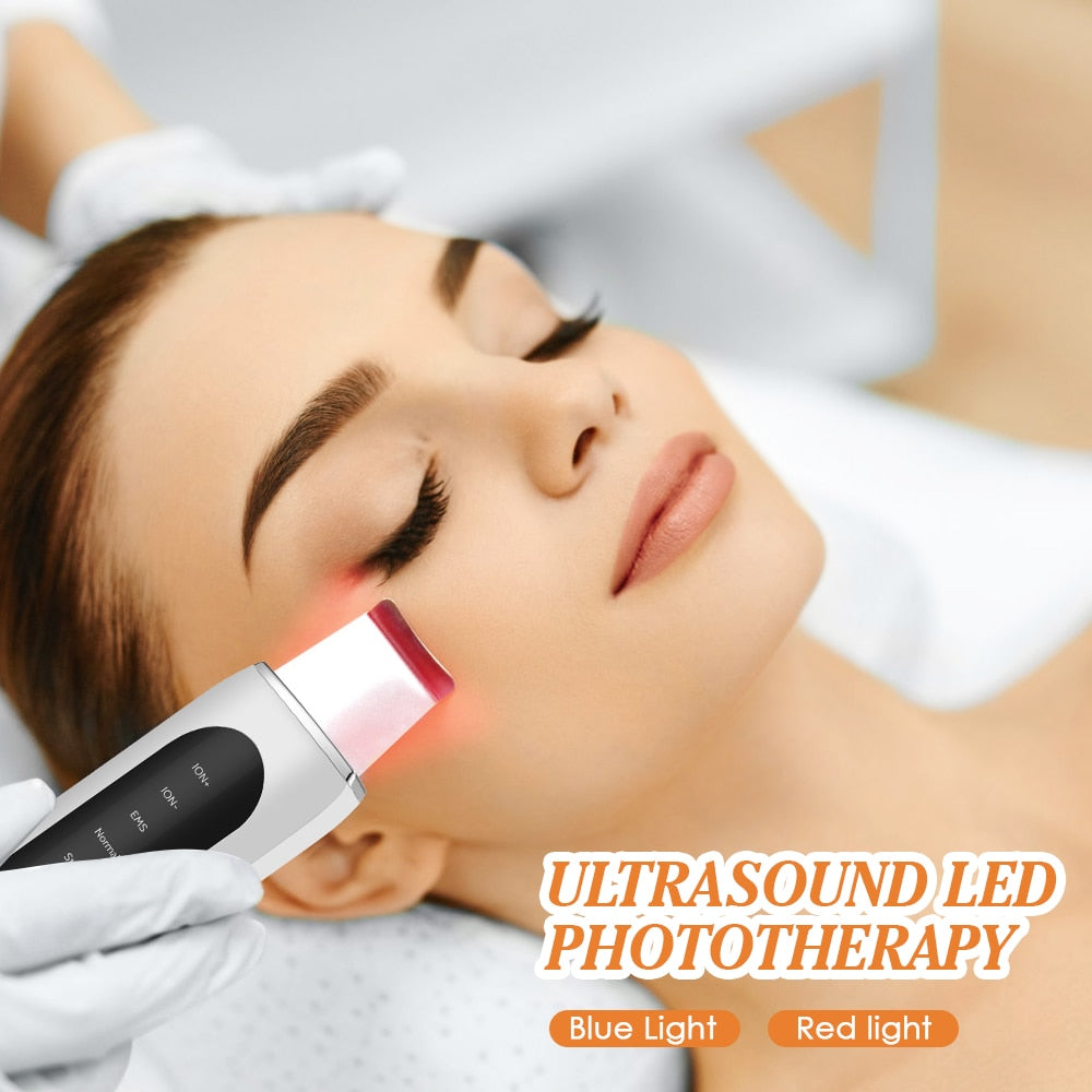 Advanced Facial Beauty Tool with Ultrasonic Scrubbing, EMS Micro-Current, Ion Import, Pore Cleaning, and Red/Blue Light Therapy for Skin Lifting and Rejuvenation