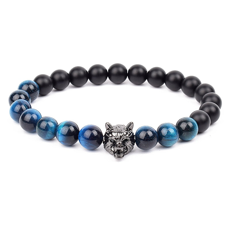 Wolf Charm Bracelets Men Natural Black Agates Onyx Stone Bracelet Brave Blue Tiger Eye Elastic 8 mm Beads Jewelry Beaded Pulsera