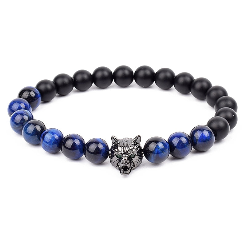 Wolf Charm Bracelets Men Natural Black Agates Onyx Stone Bracelet Brave Blue Tiger Eye Elastic 8 mm Beads Jewelry Beaded Pulsera