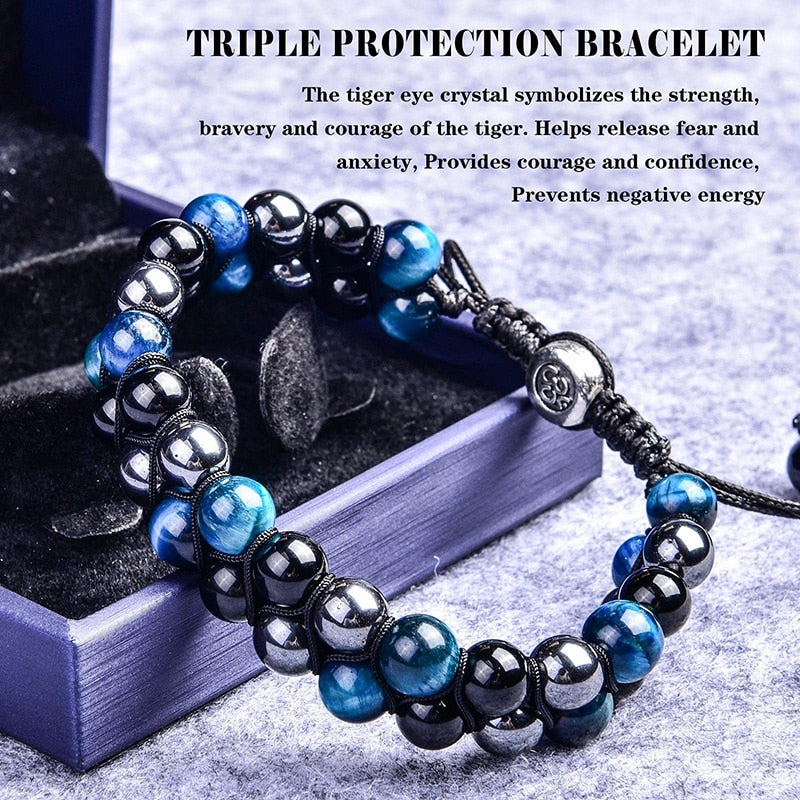 Triple Protection Bracelet 8mm Beads Bracelet Tigers Eye Black Obsidian Hematite Bracelet for Men Women Healing Crystal Bangle