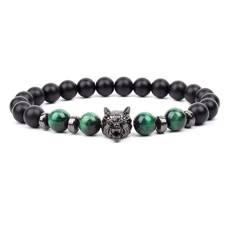 Wolf Charm Bracelets Men Natural Black Agates Onyx Stone Bracelet Brave Blue Tiger Eye Elastic 8 mm Beads Jewelry Beaded Pulsera