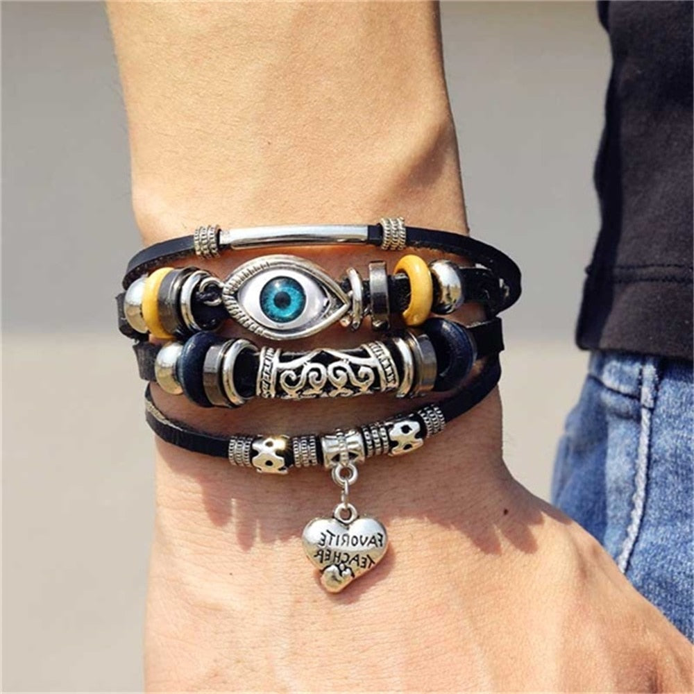 Vinatge Gothic Punk Moon Star Metal Multilayer Leather Bracelet Men Leaf Bracelets &amp; Bangles Male Arm Sun Jewelry Wholesale