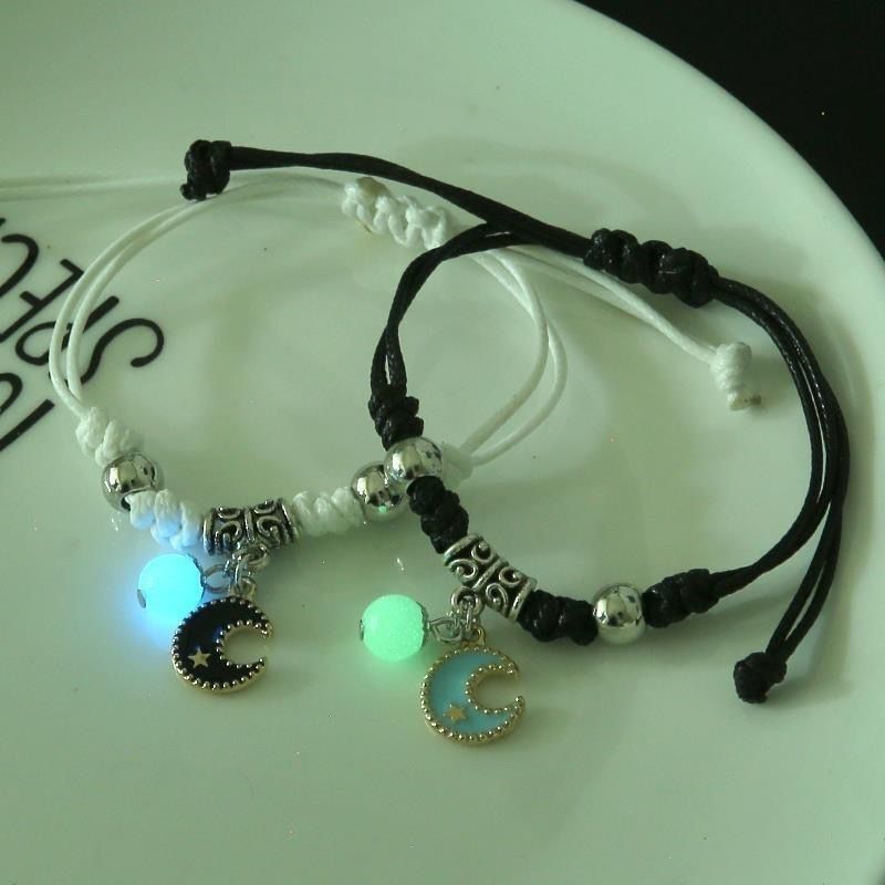 Handmade Adjustable Rope Luminous Star Moon Bracelet Set for Couples and Friends