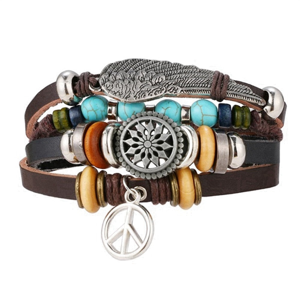 Vinatge Gothic Punk Moon Star Metal Multilayer Leather Bracelet Men Leaf Bracelets &amp; Bangles Male Arm Sun Jewelry Wholesale