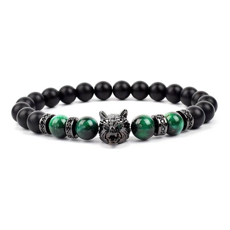 Wolf Charm Bracelets Men Natural Black Agates Onyx Stone Bracelet Brave Blue Tiger Eye Elastic 8 mm Beads Jewelry Beaded Pulsera