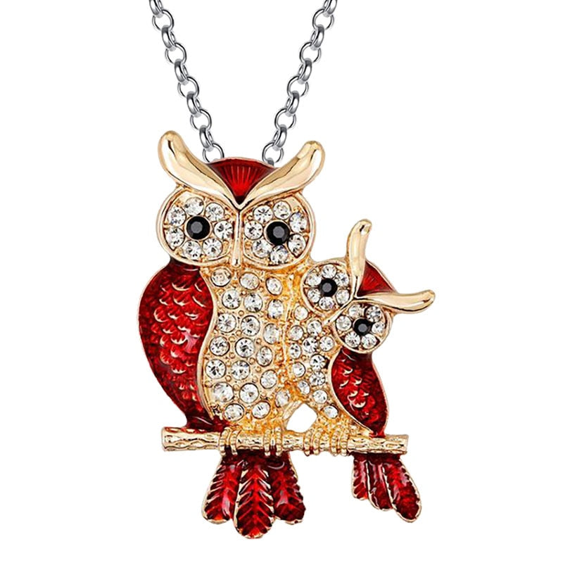 Luxurious Red Zircon Owl Mother-Child Pendant Necklace for Women - Elegant and Adorable Jewelry Accessory