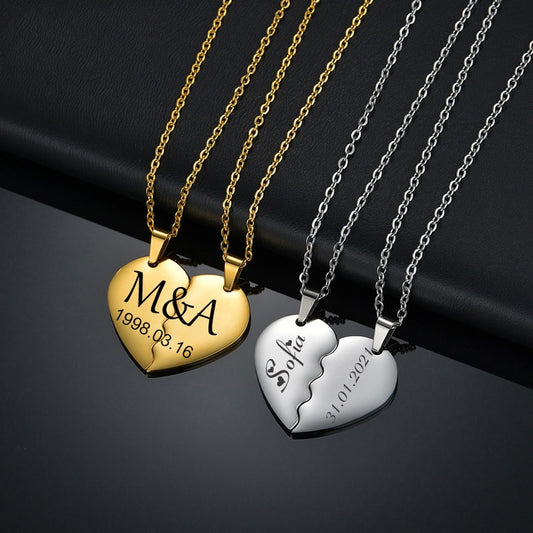 Personalized Stainless Steel Spliced Couple Necklace Set DIY Heart Pendant Engrave Name Date Jewelry For Lover Women Gift