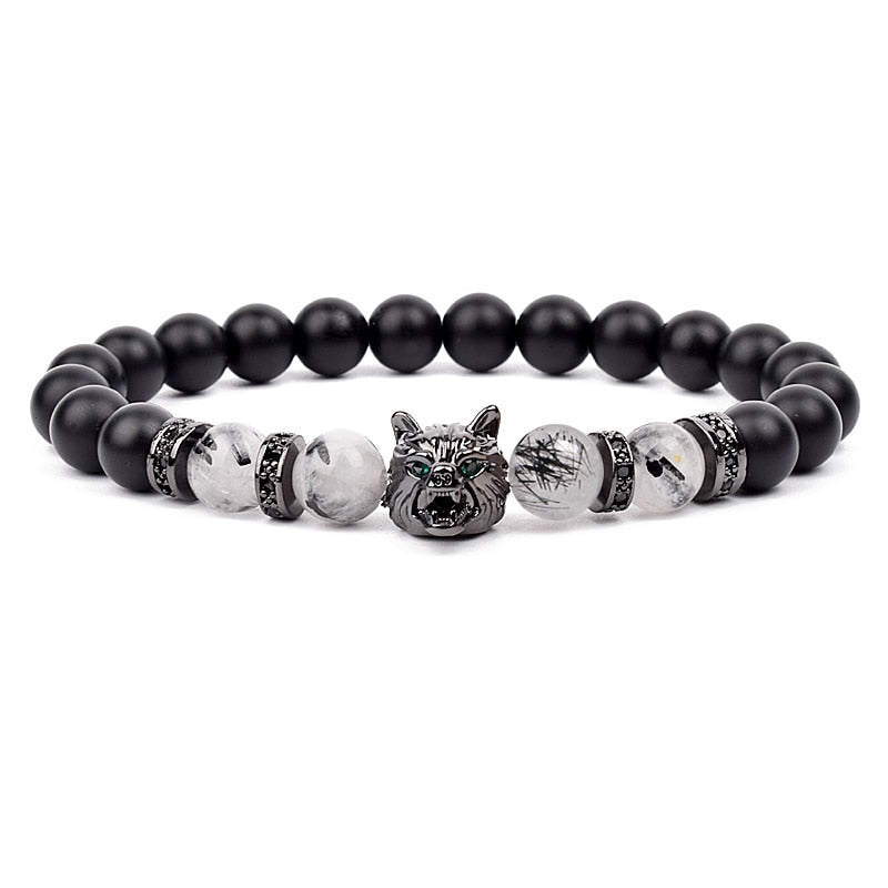 Wolf Charm Bracelets Men Natural Black Agates Onyx Stone Bracelet Brave Blue Tiger Eye Elastic 8 mm Beads Jewelry Beaded Pulsera