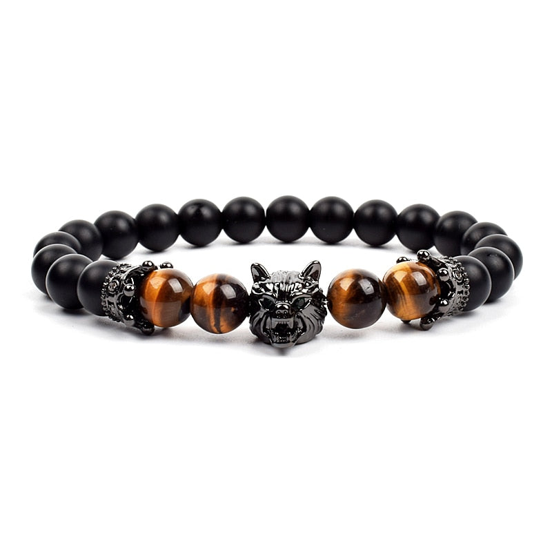 Wolf Charm Bracelets Men Natural Black Agates Onyx Stone Bracelet Brave Blue Tiger Eye Elastic 8 mm Beads Jewelry Beaded Pulsera