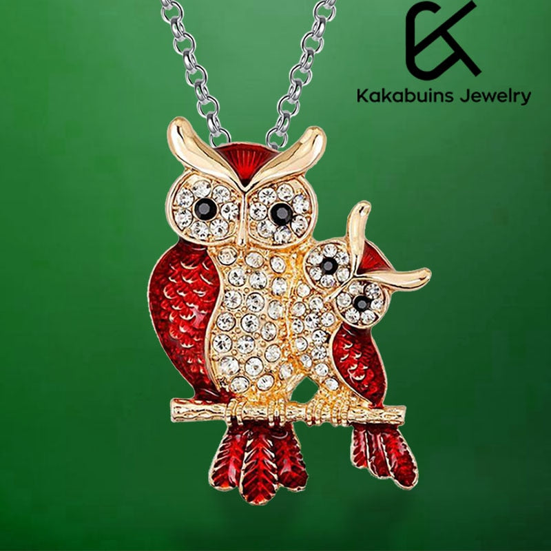 Luxurious Red Zircon Owl Mother-Child Pendant Necklace for Women - Elegant and Adorable Jewelry Accessory