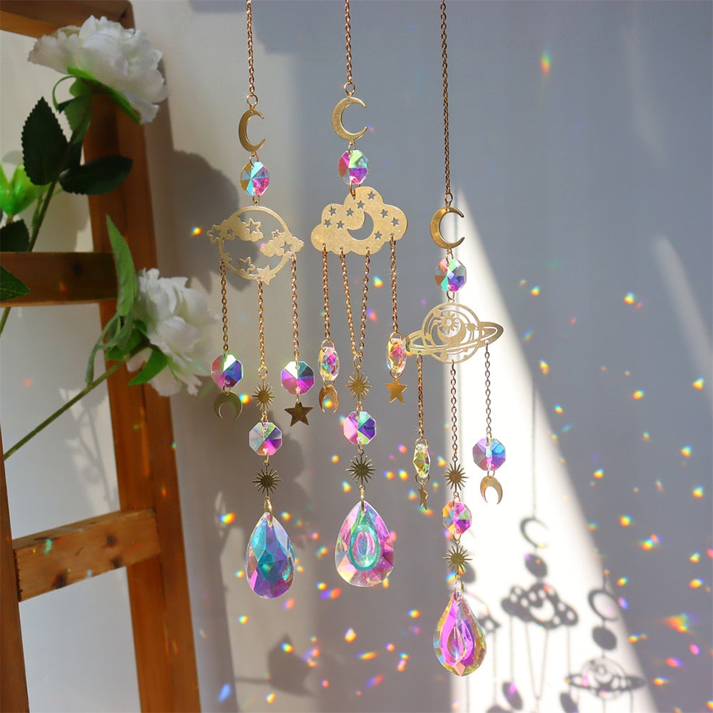 Crystal Sun Catcher Wind Chimes - Star, Moon, and Diamond Prisms for Captivating Rainbow Displays