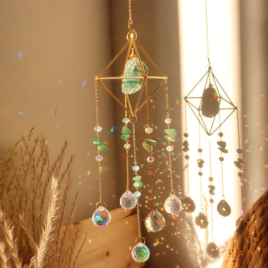 Metal Crystal Wind Chimes - Natural Stone Hexagon Prisms for Radiant Sun Catchers