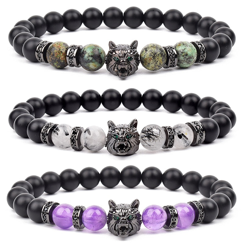 Wolf Charm Bracelets Men Natural Black Agates Onyx Stone Bracelet Brave Blue Tiger Eye Elastic 8 mm Beads Jewelry Beaded Pulsera