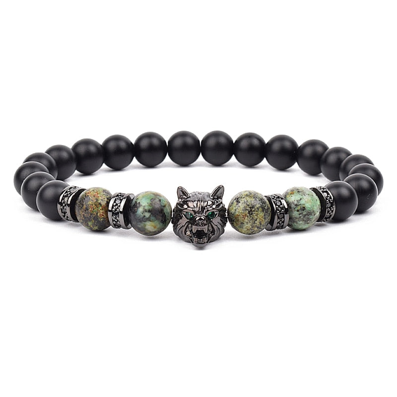 Wolf Charm Bracelets Men Natural Black Agates Onyx Stone Bracelet Brave Blue Tiger Eye Elastic 8 mm Beads Jewelry Beaded Pulsera