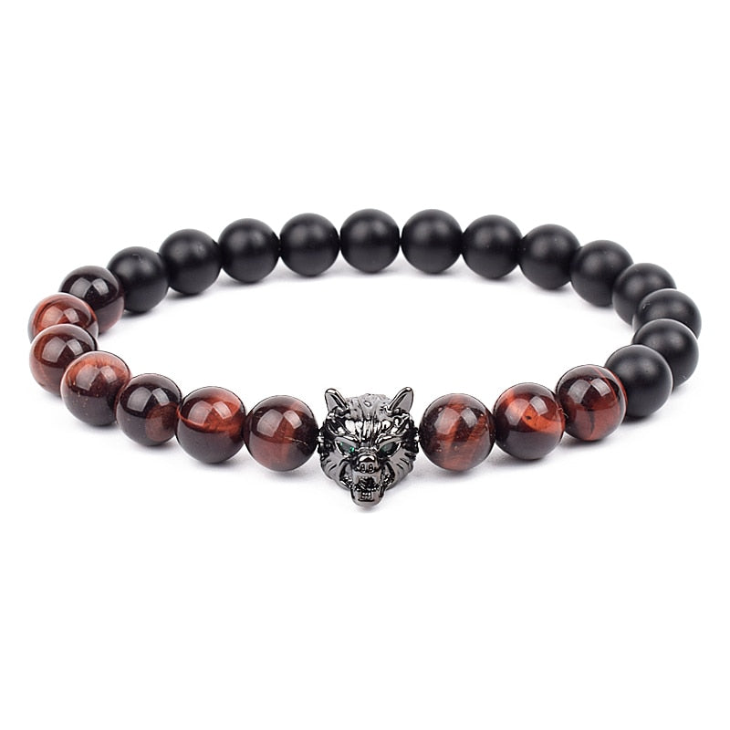 Wolf Charm Bracelets Men Natural Black Agates Onyx Stone Bracelet Brave Blue Tiger Eye Elastic 8 mm Beads Jewelry Beaded Pulsera