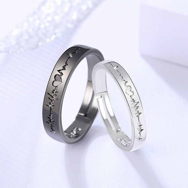 Forever Love Promise Rings Set for Couples - Punk Style Heartbeat ECG Design in Black and White - Ideal Wedding or Valentine's Day Gift for Men and Women