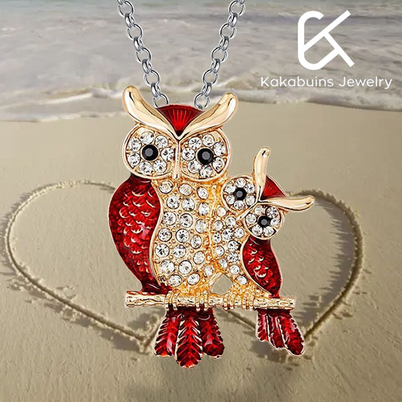 Luxurious Red Zircon Owl Mother-Child Pendant Necklace for Women - Elegant and Adorable Jewelry Accessory