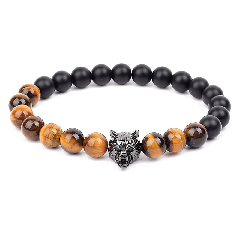 Wolf Charm Bracelets Men Natural Black Agates Onyx Stone Bracelet Brave Blue Tiger Eye Elastic 8 mm Beads Jewelry Beaded Pulsera