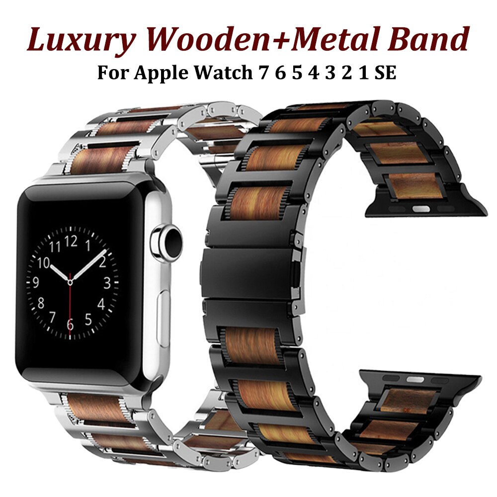 Wooden and Metal Stainless Steel Strap Bracelet for Apple Watch