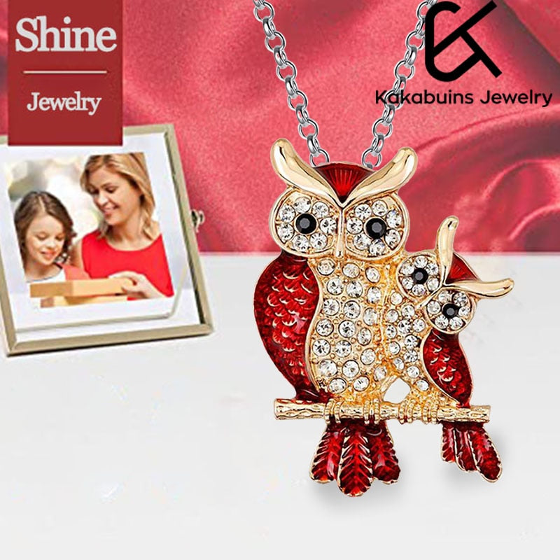 Luxurious Red Zircon Owl Mother-Child Pendant Necklace for Women - Elegant and Adorable Jewelry Accessory